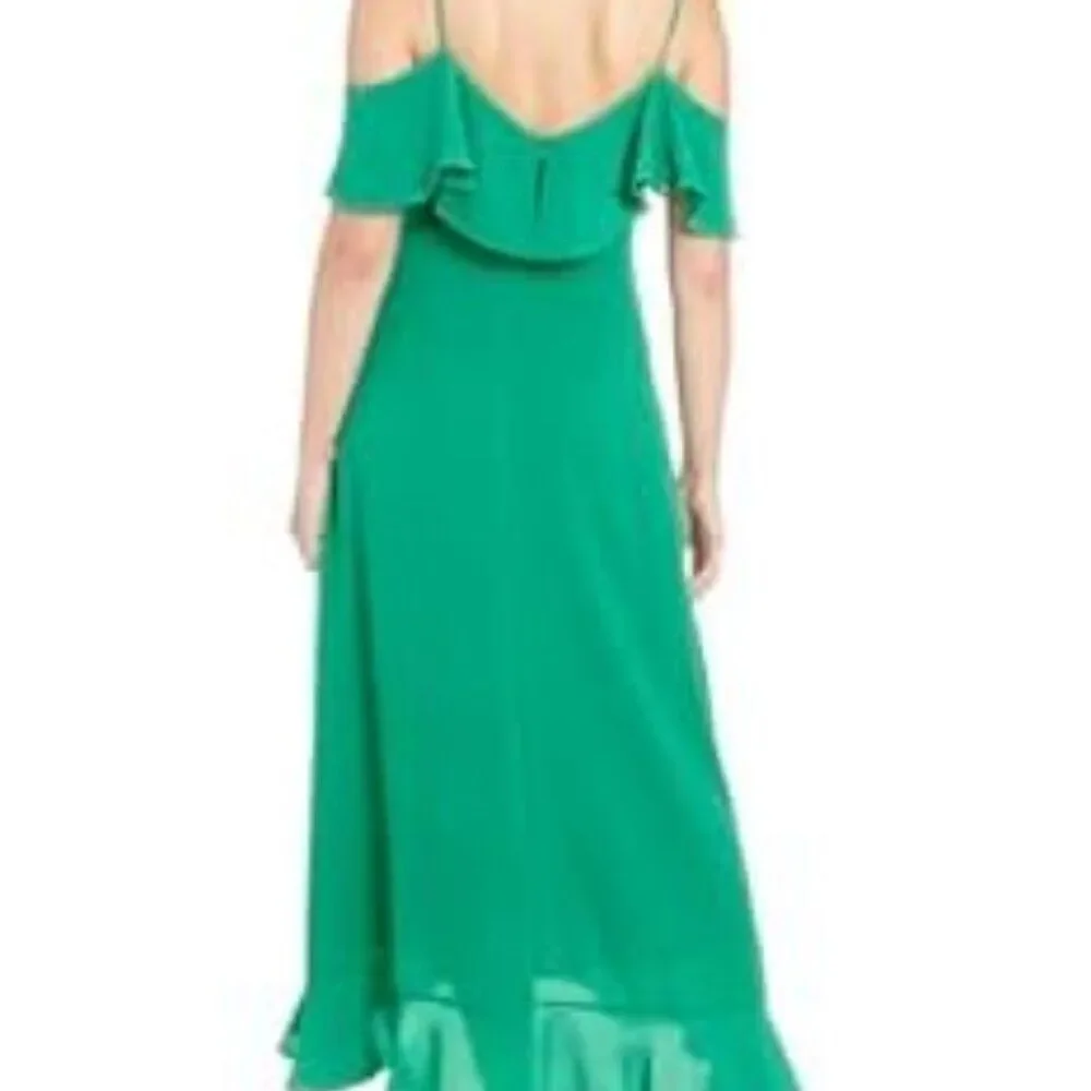 London Times dress green maxi off shoulder ruffle high low holiday party 4